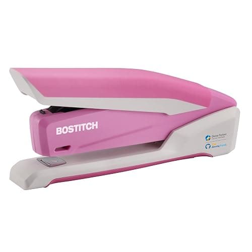 Bostitch Office InPower Spring-Powered Desktop Stapler, 20 Sheet Capacity, One Finger Stapling, Includes 210 Staples, Jam Free, Opens for Tacking, Breast Cancer Awareness Pink - Image 1