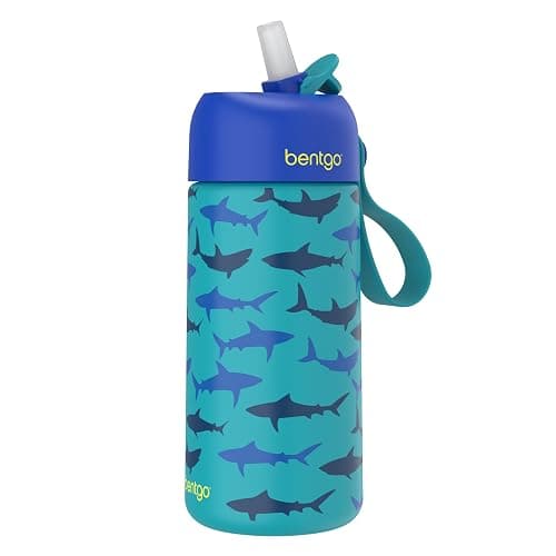 Bentgo® Kids Stainless Steel Insulated Water Bottle - Leak-Proof; Keeps Cool for 12 Hours; Durable, BPA-Free, Dishwasher Safe 14 oz. Cup for Ages 3+ for School/Sports/Daycare (Sharks) - Image 1