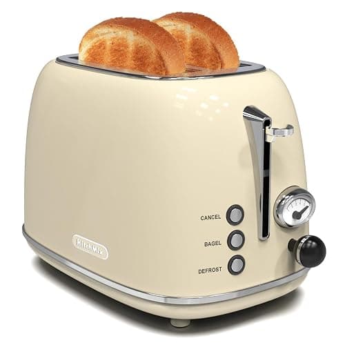 Toaster 2 slice, KitchMix Retro Stainless Steel Toaster with 6 Settings, 1.5 In Extra Wide Slots, Bagel/Defrost/Cancel Function, Removable Crumb Tray (Cream) - Image 1