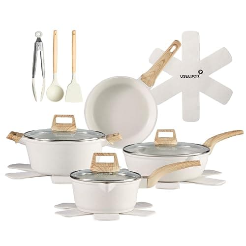 USELUCK 14 Pcs pots and pans set non stick, White Granite Induction Kitchen Cookware Set, Stay-Cool Handles, Silicone Utensils and Pot Protectors - White - Image 1