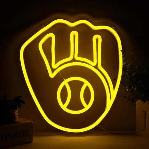 Balanar Baseball Neon Signs for Garage or Man Cave Decor, Gifts With Milwaukee Basebll or Rugby Team Logo, Yellow Baseball Neon for Parties, Bars,Dorms, Office Wall Art and Game Room Decor - Image 1