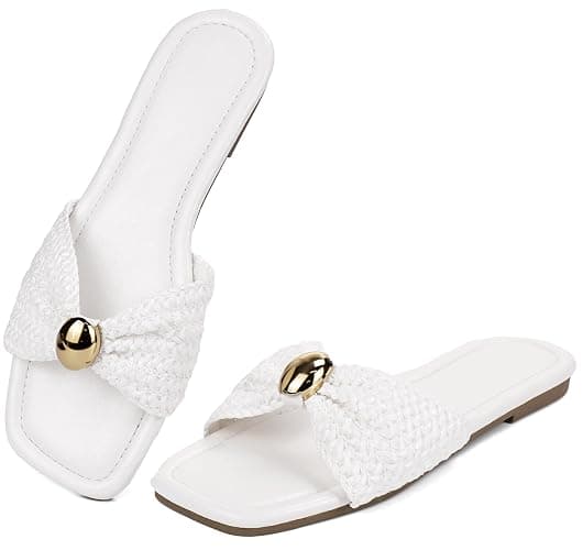 Merking Women's Flats Sandals Raffia Woven Knot Slide Sandal Square Open Toe Summer Casual Shoes for Daily Vacation Beach - Image 1