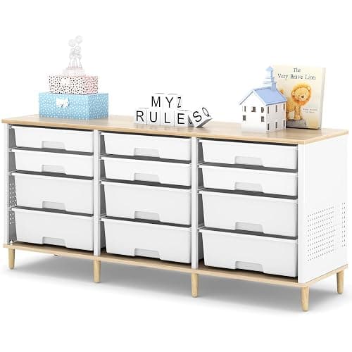 12 Drawers Storage Cabinet with Wooden Top and Plastic Bins, Toy Shelf Storage Chest Cubby Organizer for Home, Office, Playroom, Classroom & Craft Room Storage (White) - Image 1