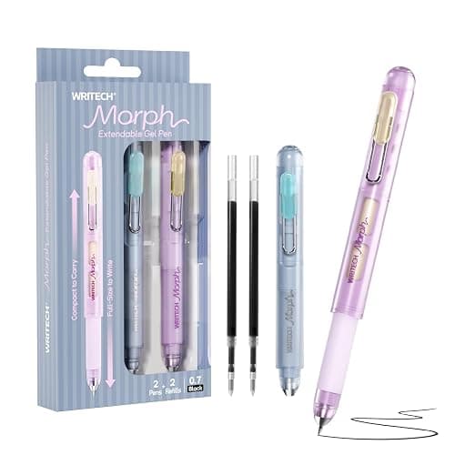 WRITECH Morph Extendable Gel Pens: 0.7mm Medium Point Black Ink Pocket-to-Full-Size Design Translucent Soft Grip Barrel Includes 2 Pens and 2 Refills Dual-Length Pocket Pen 4.6" to 6.1" - Image 1
