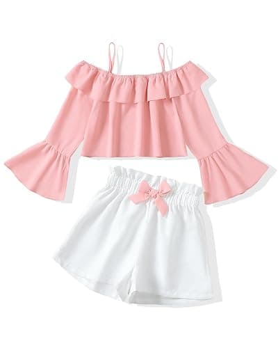 YOURUIKEY Girls Summer Clothes 2 Piece Cute Outfits Kids Boho Floral Print Long Sleeve Crop Top Shorts Clothing Set - 11-12Y - A-pink - Image 1