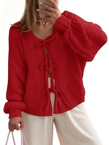 UNCLECAT Womens Bow Tie Front Cardigan Sweaters Oversized Fall Open Front Cardigans Cute Loose Knit Tops - Image 1