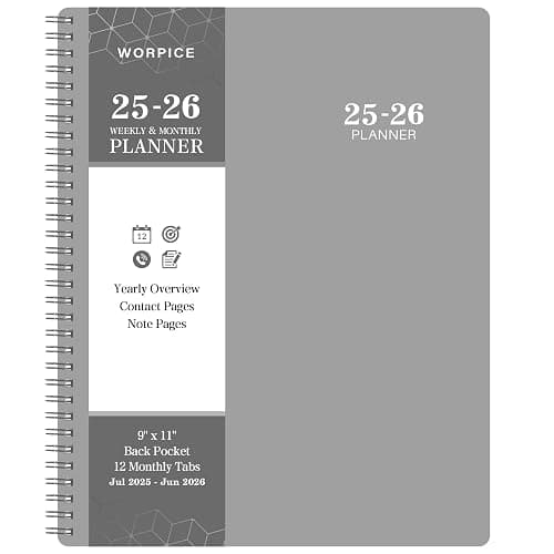 2025-2026 Planner - Weekly and Monthly Academic Planner 2025-2026, 9” × 11”, from JUL. 2025 to JUN. 2026, Inner Pocket, Premium Paper, Twin-wire Binding, Make Life Productive - Gray - A4 Gray - Image 1