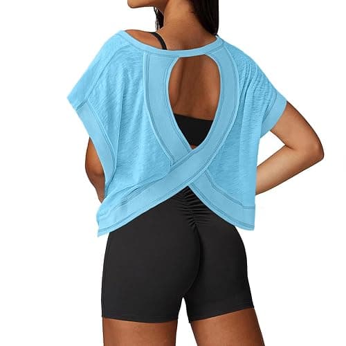UNIANKIYA Open Back Workout Tops for Women Loose Fit Athletic Crop Tee Short Sleeve Gym Running Yoga Shirt - Image 1