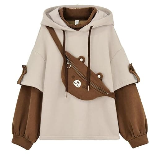 RGOSME Bear Hoodie for Girls, Cute Brown Bear Graphic Long Sleeve Hoodies Sweatshirt with Bag for Women Teen Girl and Kid - Image 1