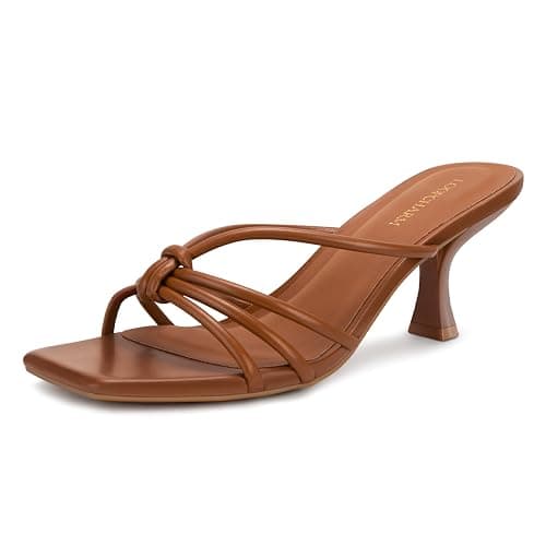 LOOPCHARM Women's Strappy Square Open Toe Kitten Heels Sandals Knotted Design Summer Fashion Slip On Mule Style - Image 1