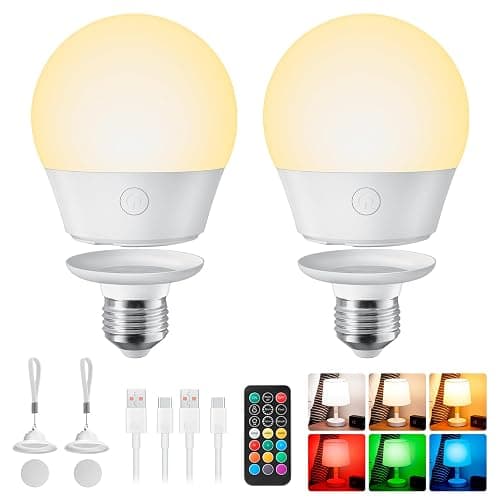 Brightown E26 Rechargeable Light Bulb with Remote and Timer, Battery Backup Bulb for Sconces and Lamps, Magnetic Bulbs for Non-Hardwired Fixture, 3 Color Temperatures + 9 RGB Colors, Dimmable, 2 Pack - Image 1