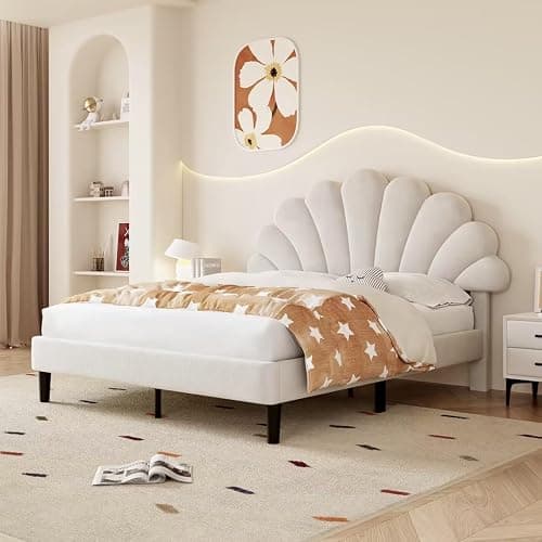 BTM Upholstered Double Bed 4FT6-135x190cm, Double Bed Frame with Adjustable Petal-like Headboard and Solid Wood Slat, Velvet, Beige - 135x190cm - Beige - Image 1