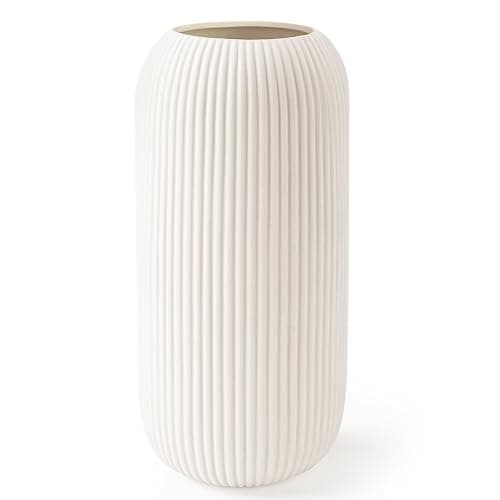Ceramic Vase for Flowers – Modern Small Ribbed Textured Flower Vase for Home Decor, Pampas Grass, Decorative, Farmhouse, Coffee Table, Kitchen Centerpieces, Bookshelf and Home Living (White) - Image 1