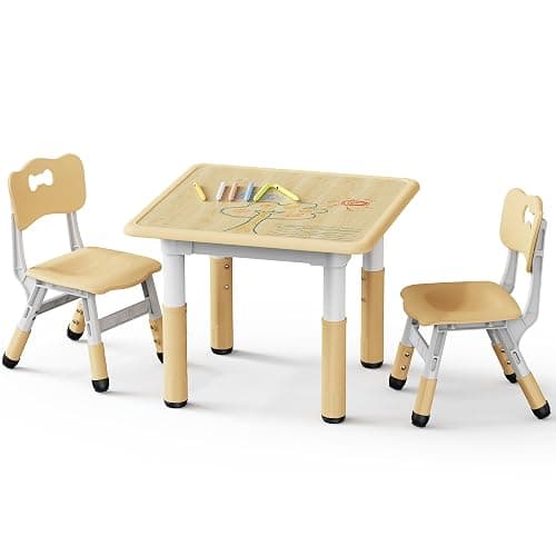 Brelley Height Adjustable Toddler Table and 2 Chairs Set, Beige | Table Supports 280 lbs, Drawing Activity Desk, Classroom/Daycare/Home, Children Multi-Activity Table for Ages 3-8 - Image 1