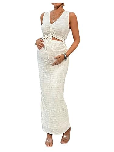 Milumia Women's Maternity 2 Piece Outfits Tank Top Bodycon Maxi Skirt Sets | Pregnant Dress Summer Outfit, Textured, Drawstring Tie Knot, Going Out, Maternity Photoshoot Outfits - Image 1