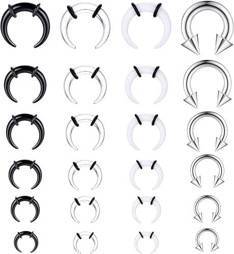 Diamday 24Pcs Acrylic Pincher Tapers Septum Rings C Shape Horseshoe Circular Nose Rings Buffalo Stretcher Expander with Black O-Rings for Stretching Pierced Nose Ear Cartilage for Women Men - Image 1