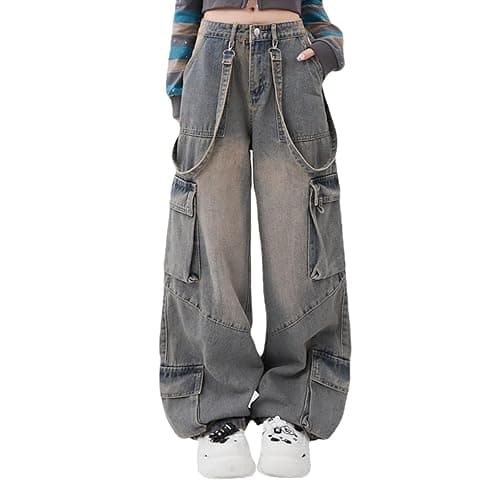 Gothic Women's Pants Street Trend Loose Multi Pocket Stitching Casual Straight Leg Wide Leg Washed Denim Vintage - Image 1