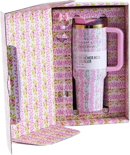 Love Shack Fancy Quencher Tumbler 40 oz Quencher H2.0 with box.40oz Tumbler with Handle,Double Wall Vacuum Reusable Stainless Steel Insulated Water Bottle,With Leak Proof lid and Straw (1, Pink) - Pink - 1 - Image 1