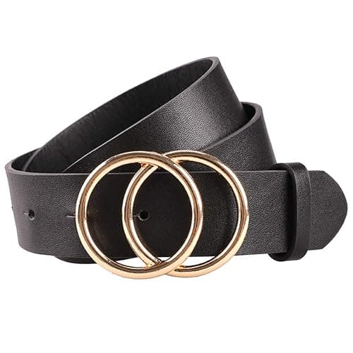 Earnda Women's Leather Belt Fashion Soft Faux Leather Waist Belts For Jeans Dress - Medium: fits waist from 30"-33" - A_black_gold Buckle - Image 1