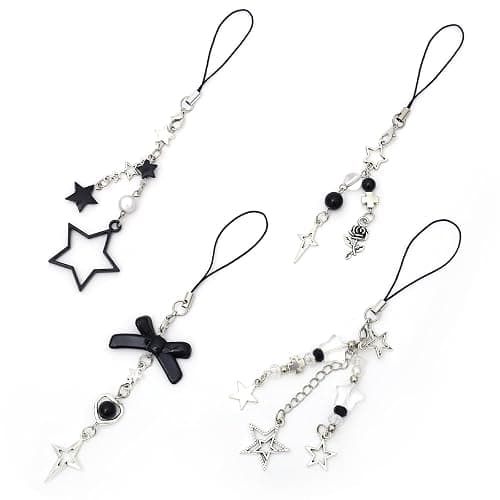 chihimoer 4PCS phone Charm Y2K Phone Accessories Aesthetic Keychain Star Flower Cute Decor String Cellphone Chain Pendant Strap Lanyard Butterfly Crystal Ribbon Bead Gothic Young - Image 1