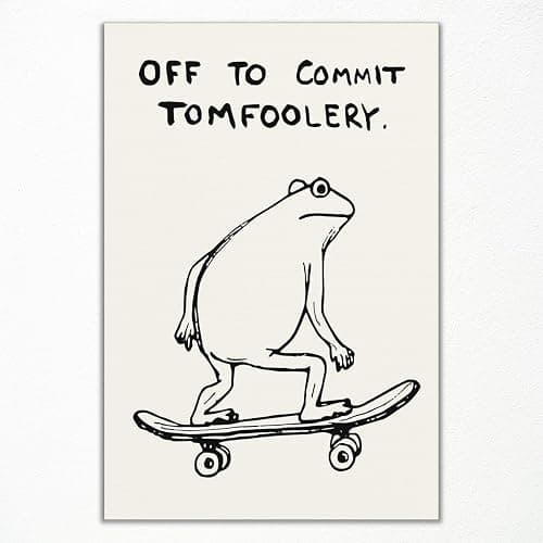 Xianyojafa Frog Poster, Funny Quote Off To Commit Tomfoolery Canvas Wall Art, Funky Skateboard Frog Print, Quirk Animal Picture for Kids Room, Beige and Black Minimalist Painting 8x12in Unframed - Image 1