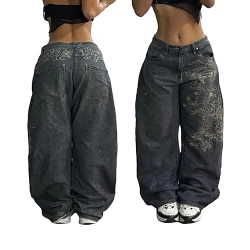 Unisex Y2K Beggy Jeans Vintage High Waist Denim Pants Hip Hop Skull Print Gothic Jeans Straight Wide Leg Trouser - Image 1