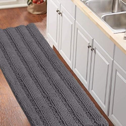 Turquoize Bathroom Runner Area Chenille Rug Oversize Non-Slip Shag Kitchen Shower Bath Mat Extra Long Grey Striped Washable for Bathroom, Gray, Size 59" x 20" - Image 1