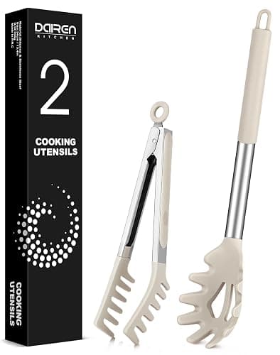 Silicone Spaghetti Spoon and Pasta Tong, Server Fork with teeth,10" & 13" | Non-stick, Heat Resistant, Stainless Steel Handle Spaghetti Tong, Food Clip for Spaghetti Noodle, Khaki - Image 1