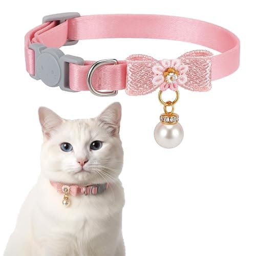 LXUEJIE Cat Collar Breakaway, Adjustable Pink Cat Collar with Pearl Pendant, Cute Cat Collars with Safety Buckle Pink Bowtie Kitten Collars for Girl Cats - Image 1