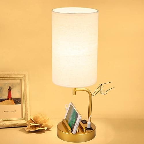 Dreamholder Touch Control USB Table Lamp, Upgraded 3-Way Dimmable Bedside Desk Lamp with USB C & A Charging Ports and AC Outlet, Nightstand Lamp for Bedroom, Dimmable Bulb Included, Gold - Image 1