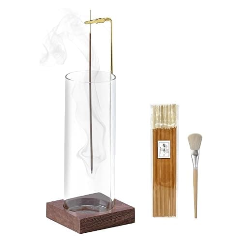 Ceremony Incense Holder, Wooden Incense Holder for Sticks with Glass Ash Catcher, Anti-ash Incense Burner with 20 Incense Sticks and a Ash Brush for Meditation Yoga Spa Room Decor - Image 1