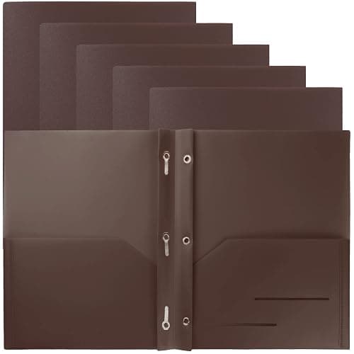 Youngever 6 Pack Heavy Duty Plastic Two Pocket Folders with 3 Prongs, Metal Prongs Fastener, Heavy Duty Plastic 2 Pocket Folder (Brown) - Image 1