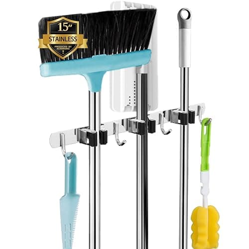 3 Racks and 4 Hooks Broom and Mop Holder Wall Mounted Garage Organizer Storage Tool Racks Stainless Steel Heavy Duty Hooks Self Adhesive Solid Non-slip Wall Hangers for Home Kitchen Garden Laundry - Image 1