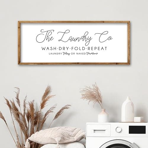 ZZJJHYWGQ Laundry Room Wall Decor 32"×12" Wash Dry Fold Repeat Funny Laundry Sign Rustic Farmhouse Decor Large Wooden Frame Humorous Quote Wall Hanging Art (Wood) - Image 1