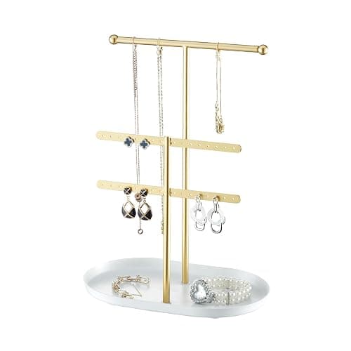 Elegant Jewelry holder Organizer 2-Tier Display Storage Stand for Earrings Necklaces with Ring Tray Spacious and Durable, Easy to Assemble White & Gold - White & Gold - Image 1