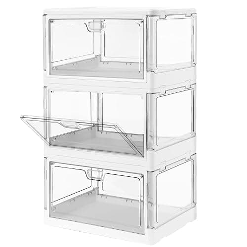 HYBRIDEAS 3-Pack Clear Stackable Storage Bins with Lids Magnetic Doors Open Front Foldable Folding Plastic Craft Containers Large Closet Organizers Box for Bedrooms Living Rooms Study Kids' Toys 24 QT - Image 1