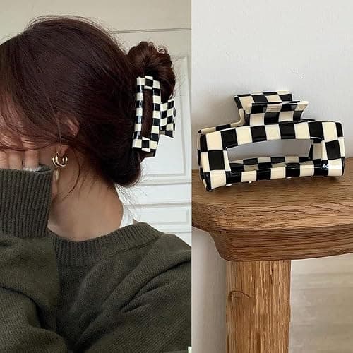 Checkered Matte Hair Claw Clips for Women, Non Slip Tortoiseshell Square Clips, Large Hair Accessories for Thick and Thin Hair - Image 1