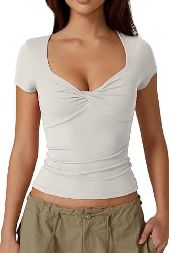 QINSEN Women's Sexy Twist Front V Neck T Shirts Double Lined Short Sleeve Slim Fit Crop Top Trendy Y2K Tops Tee - Image 1