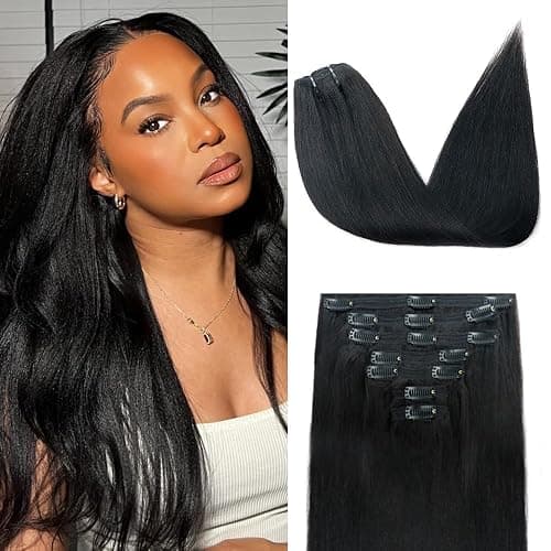 Pobokix Yaki Straight Clip in Hair Extensions Real Human Hair 8Pcs Remy Human hair Clip ins for Women, Natural Soft Human Hair 120g 16inch #1B Natural Black - Image 1