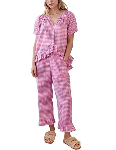 Flygo Womens Plaid 2 Piece Pajamas Sets Gingham Button Down Puff Sleeve Babydoll Shirt Ruffle Pants Y2K Pjs Lounge Set - Image 1