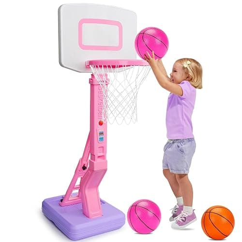 Toddler Girl Basketball Hoop Indoor Pink Adjustable Mini Basketball Goal with Ball Pump for Outdoor Poolside Toys Backyard Game Outside Basketball Toy for Kids Age 1-3 3-5 6 7 4-8 Birthday Gift - Pink - Image 1