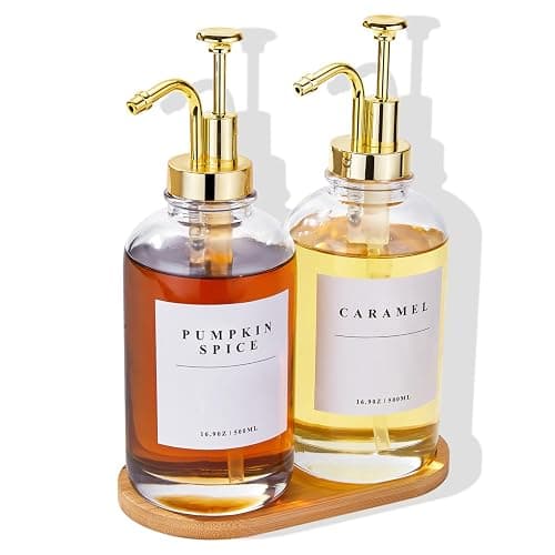 Coffee Syrup Dispenser for Coffee Bar, Coffee Syrup Pump Dispenser, Glass Syrup Bottle with Gold Upgraded Pump, 2 Pack 16.9 oz 500 ml Syrup Dispensers, 28 Labels and Bamboo Tray - Image 1