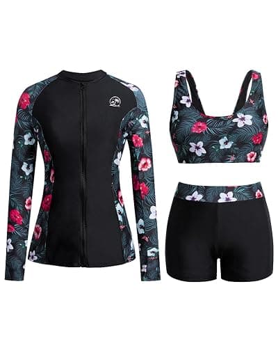 Holipick Long Sleeve Swimsuits for Women - 3 Piece Rash Guard with Shorts Zipper SPF Swim Shirt with Built in Bra - Large - Black Floral - Image 1