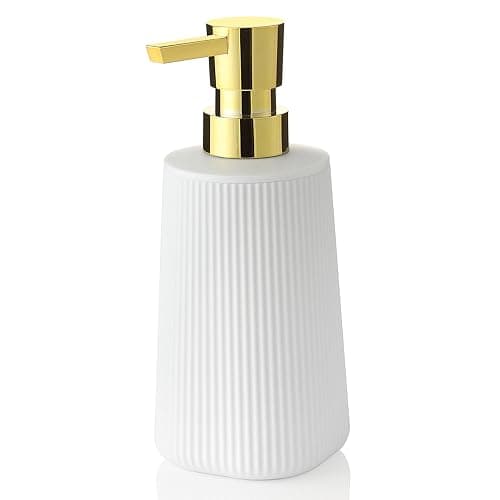 Small Soap Dispenser for Bathroom and Kitchen, Modern Farmhouse Striped Style Plastic Hand Soap Dish Soap Dispenser with Pump Matte White and Gold - Image 1