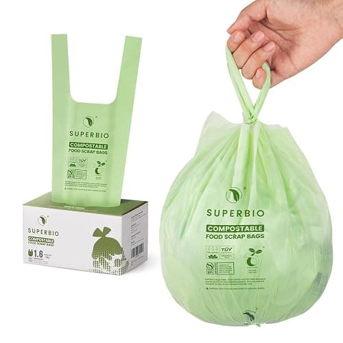 SUPERBIO 1.6 Gallon Handle Tie Compostable Food Scrap Bags For Counter Top Compost Bin, Small Compost Bags, 50 Count, 6 Liter, BPI & OK compost INDUSTRIAL Certified - Image 1