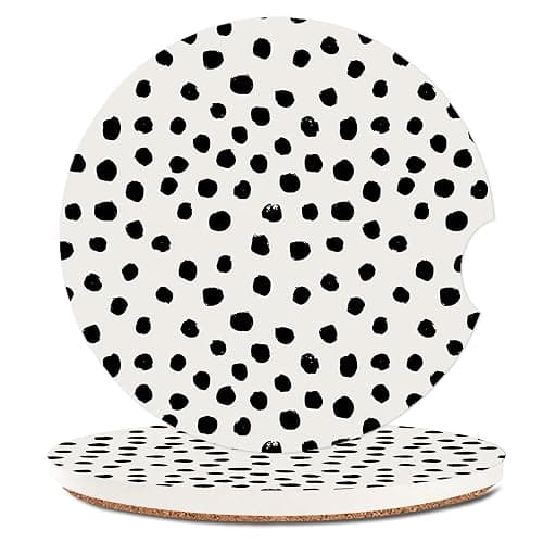SXboxing Absorbent Car Cupholder Coaster 2 Pack,Ceramic Stone with a Finger Notch for Women & Lady,Cork Base Drink Coasters 2.56 Inch,Cute Auto Accessories Gifts - Cute Black Polka Dot - Image 1