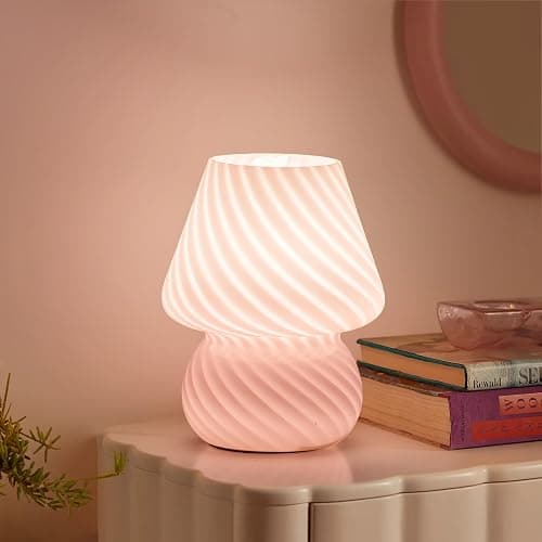ONEWISH Mushroom Lamp-Small Bedside Table Lamp with Striped Glass, Nightstand Lamp for Bedroom, Living Room, Cafe, Bulb Included, Home Decor for Girls Women, Pink - Image 1