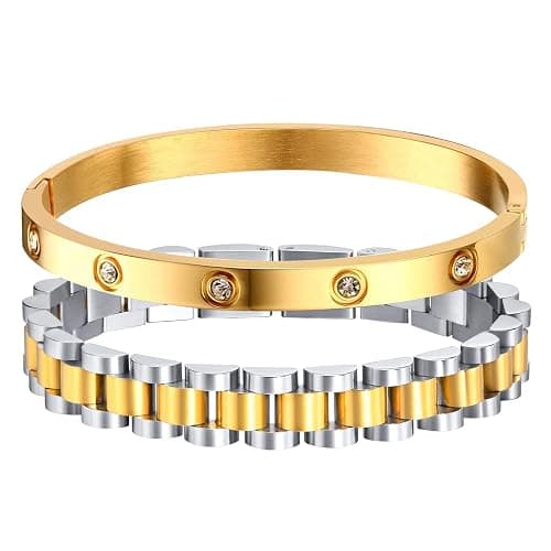MPRAINBOW 2pcs 18K Gold Plated Chain Link Bracelet, Stainless Steel Crystal Friendship Bracelets Bangle,Watch Band Chains Wristband Jewelry with Adjust Tool - Image 1