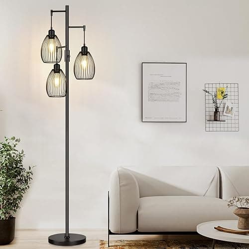 Dimmable Floor Lamp, 3 x 800LM LED Edison Bulbs Included, Farmhouse Industrial Floor Lamp Standing Tree Lamp with Elegant Teardrop Cage Tall Lamps for Living Room Bedroom Office Dining Room-Black - Image 1