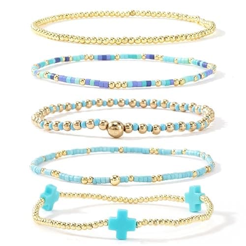 Bohxantium Gold Beaded Bracelets Stack for Women Christmas Stocking Stuffers Stackable 14K Gold Plated Beads Ball Cross Bracelet Boho Christian Jewelry Friendship Birthday Christmas Gifts for Women - Image 1